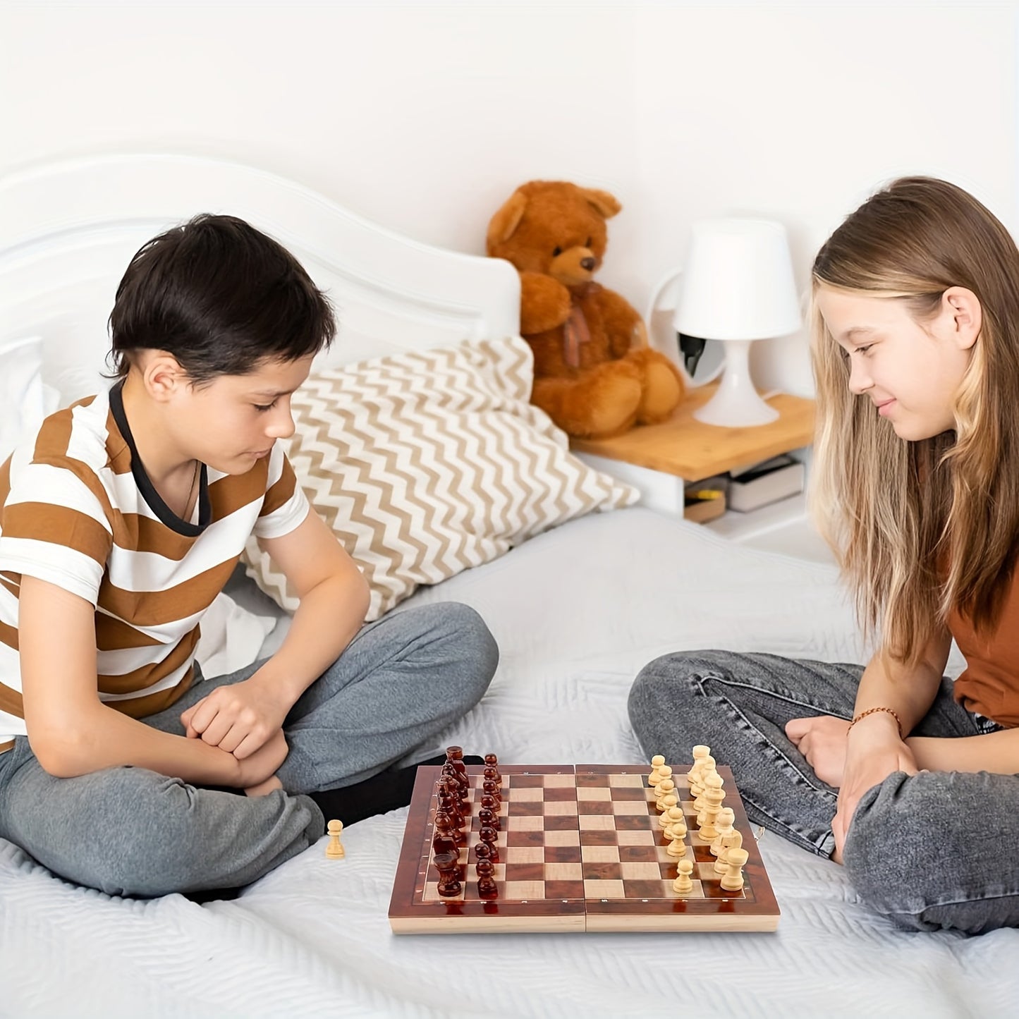 Wooden 3-in-1 strategy game set includes Chess, Checkers, and Backgammon. Suitable for adults and teens 14+. Portable and foldable board with pieces for travel.