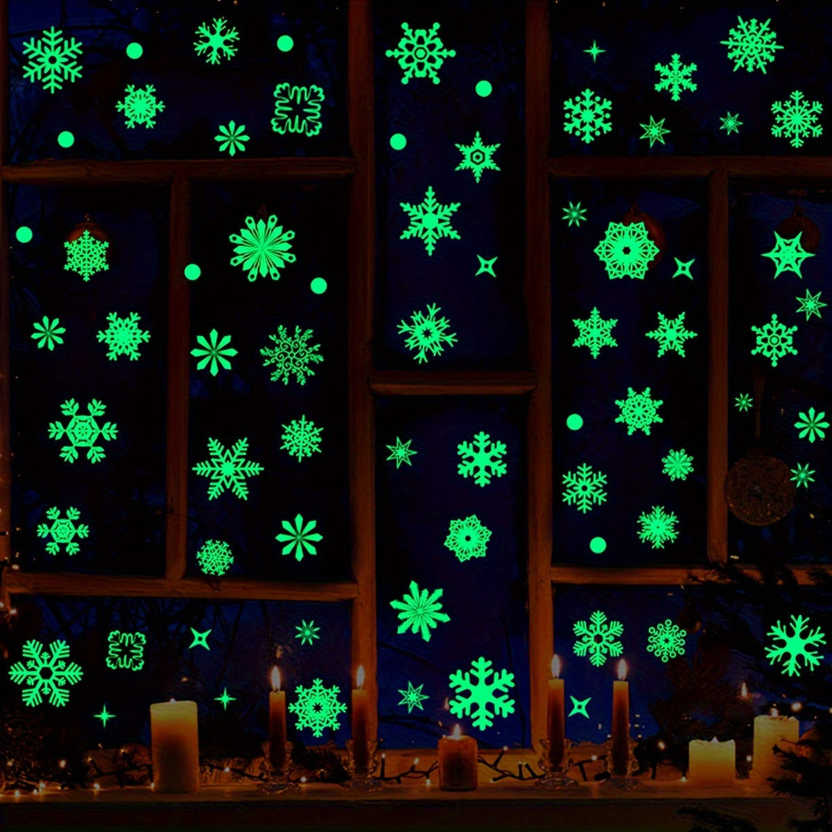 Classic Christmas Snowflake Wall Stickers with 3D glow in the dark effect, static cling plastic window decals in cartoon irregular shape. Single use holiday decor, each snowflake measures 3.0cm x 3.0cm. 50 pieces included.