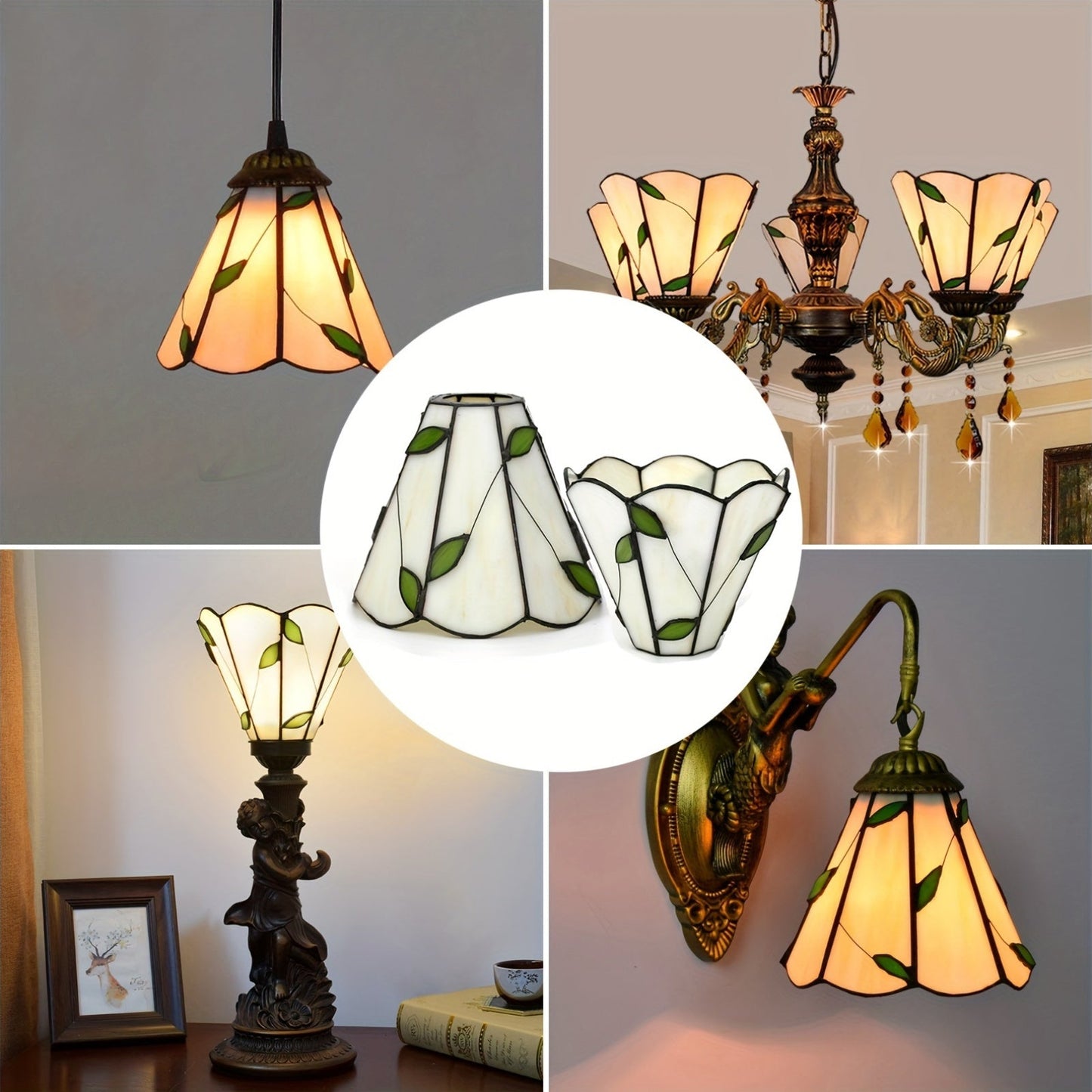 This 6-Inch Leaf Pattern Handcrafted Stained Glass Lamp Shade is an artisan crafted decorative piece perfect for pendant and wall lighting fixtures. Suitable for ages 14 and up, this lampshade does not include any battery or wireless features.