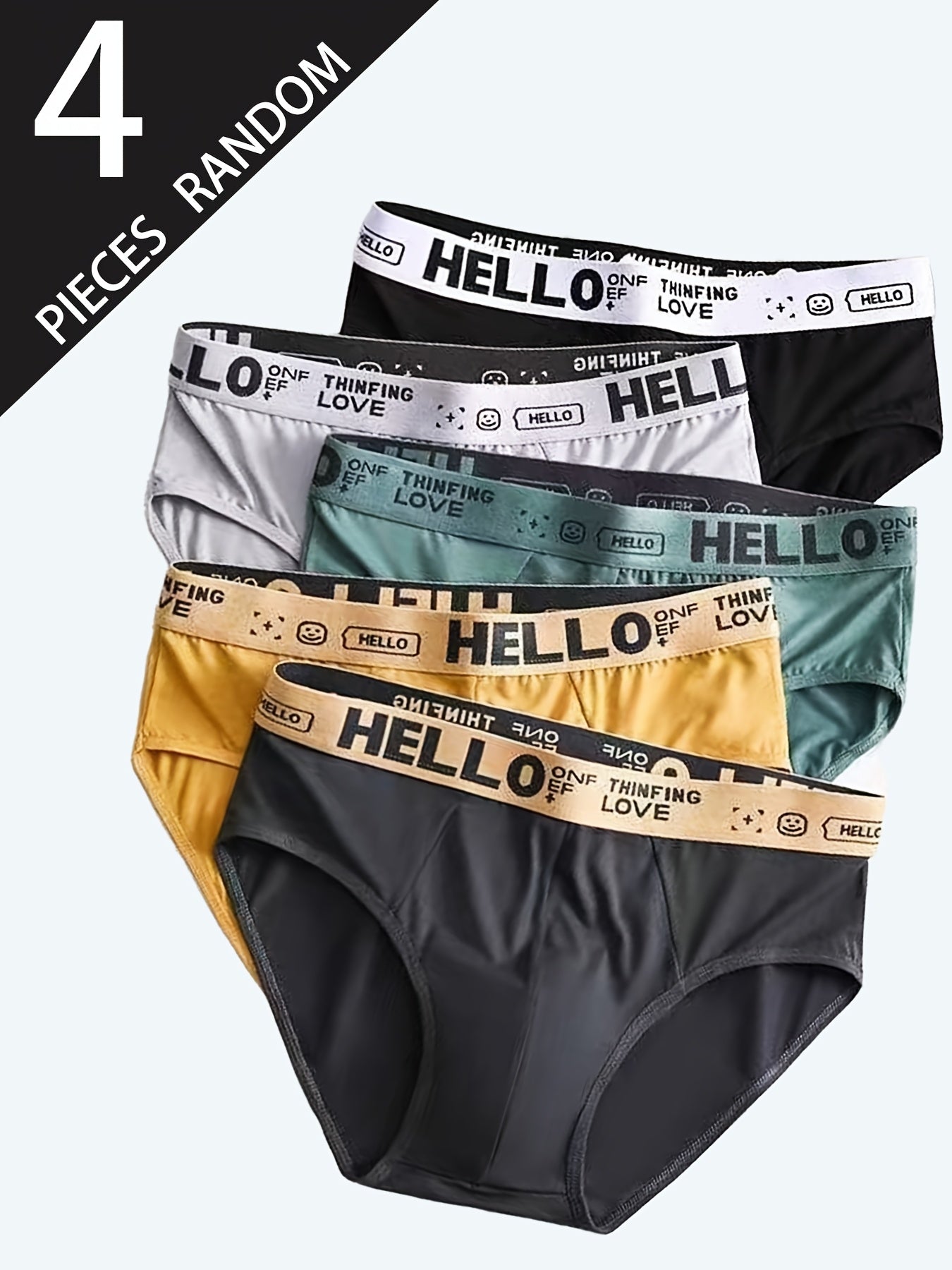 Four pairs of men's briefs with 'Hello' letter waistband in multiple solid colors, comfortable for daily wear.