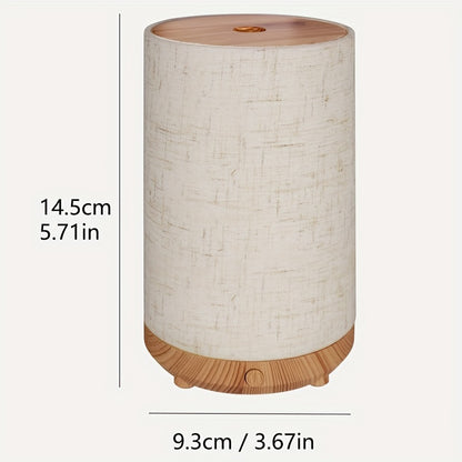 Textured fabric & wooden air humidifier with aromatherapy diffuser, essential oil addition, air purification, auto shut-off, USB powered; ideal for home, bedroom, office, travel gift.