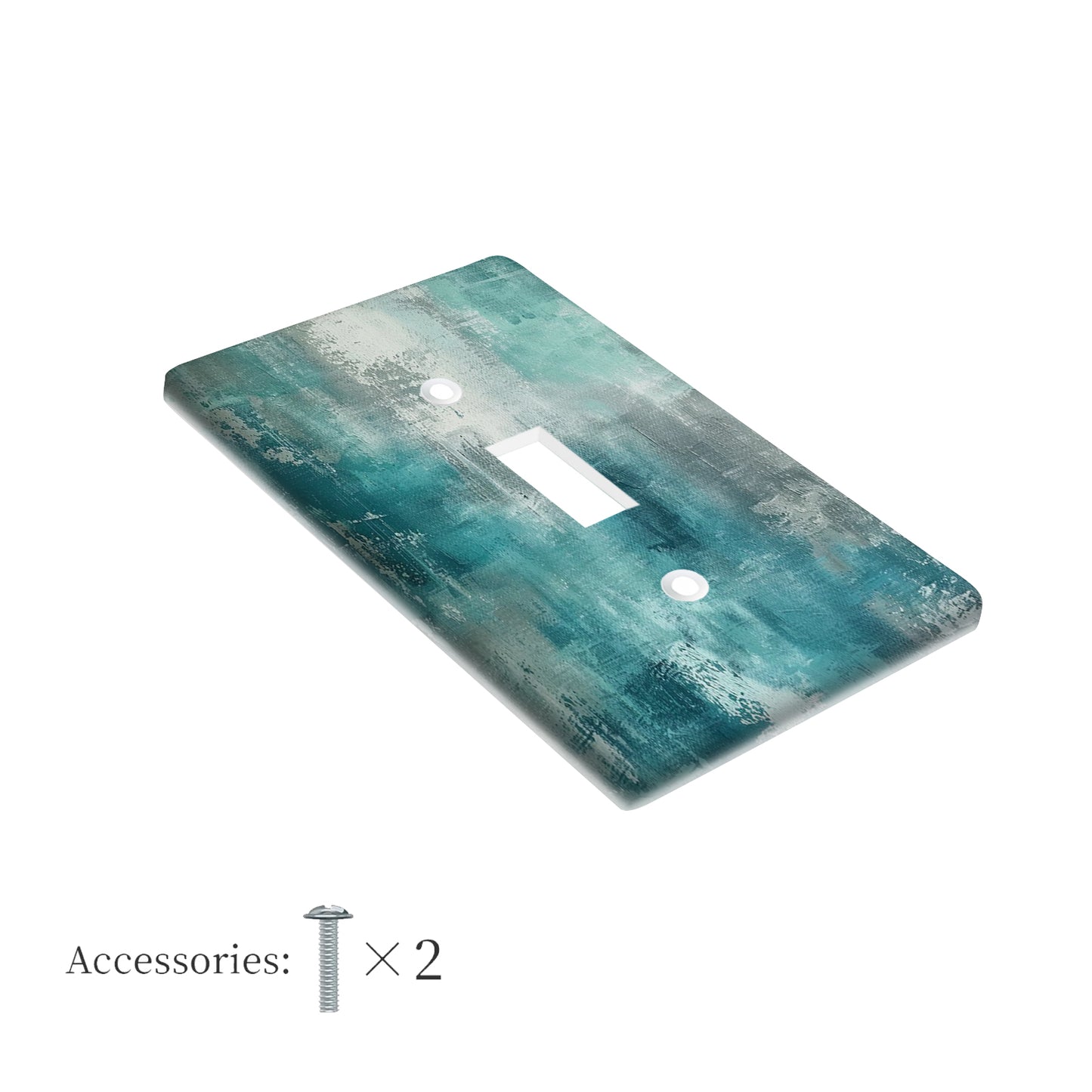 Modern abstract turquoise & grey light switch cover made of unbreakable polycarbonate. Decorative single toggle wallplate for easy installation in bedroom, kitchen, or bathroom with no wiring required.