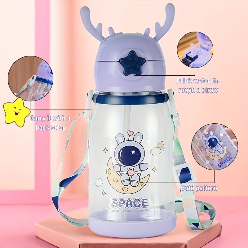 Charming 600ml Kids' Water Bottle Shaped Like Antlers with Straw - Spacious, Sturdy & Eco-Friendly, Great for Both Boys & Girls, Comes with Convenient Carry Strap - Fantastic Gift for Birthdays or Holidays