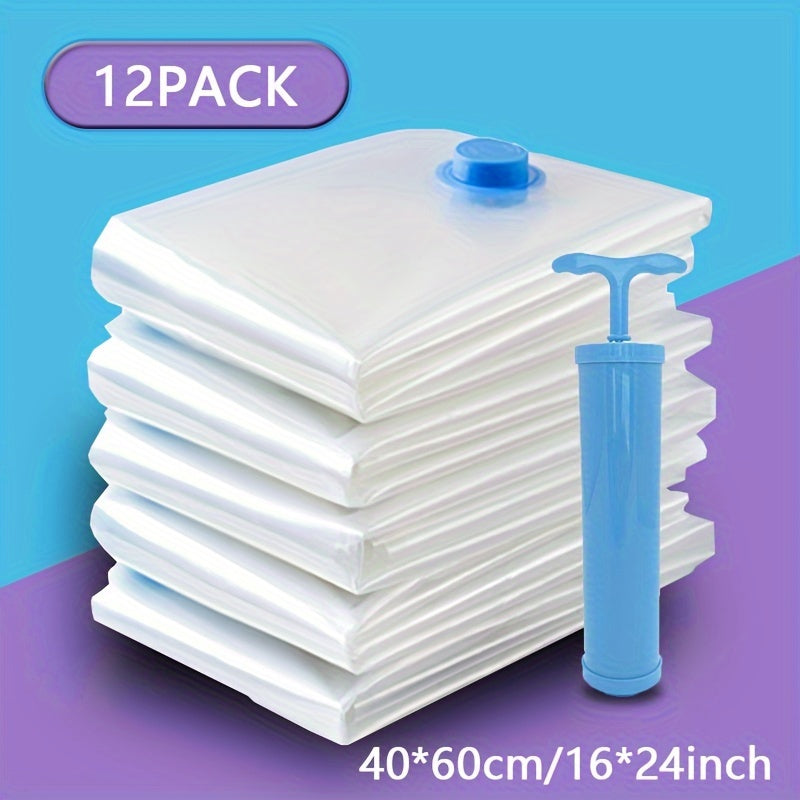 Space Saver Vacuum Storage Bags - Set of 12 with Pump, Rectangular Plastic Design with Zipper Closure, Electricity-Free Operation, Perfect for Organizing Clothes, Blankets, and Shirts at Home or While Traveling, Convenient Storage Solution for Bags