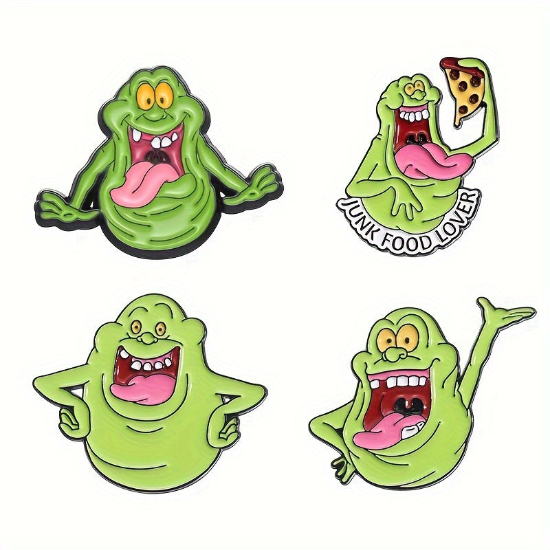 Set of 4 Cartoon Badges featuring Adorable Green Monsters - Made of Alloy, Cute Cartoon Design, Animal-Shaped Jewelry Brooches for Fashionable Friends and Family. Perfect for Holiday Clothing Accessories.