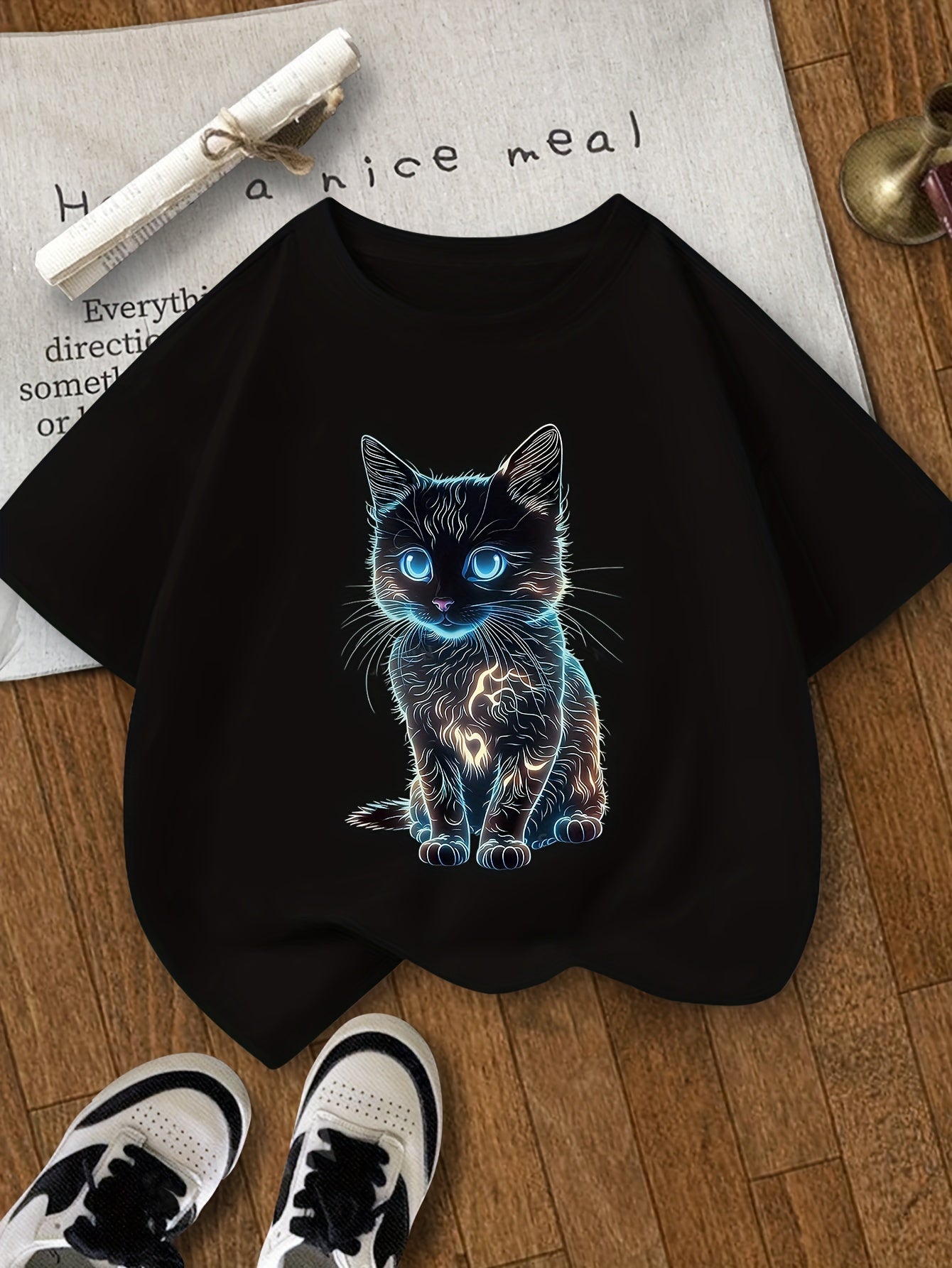 Girls' Cat Graphic Tee: Polyester blend, round neck, short sleeve top for ages 8-14.