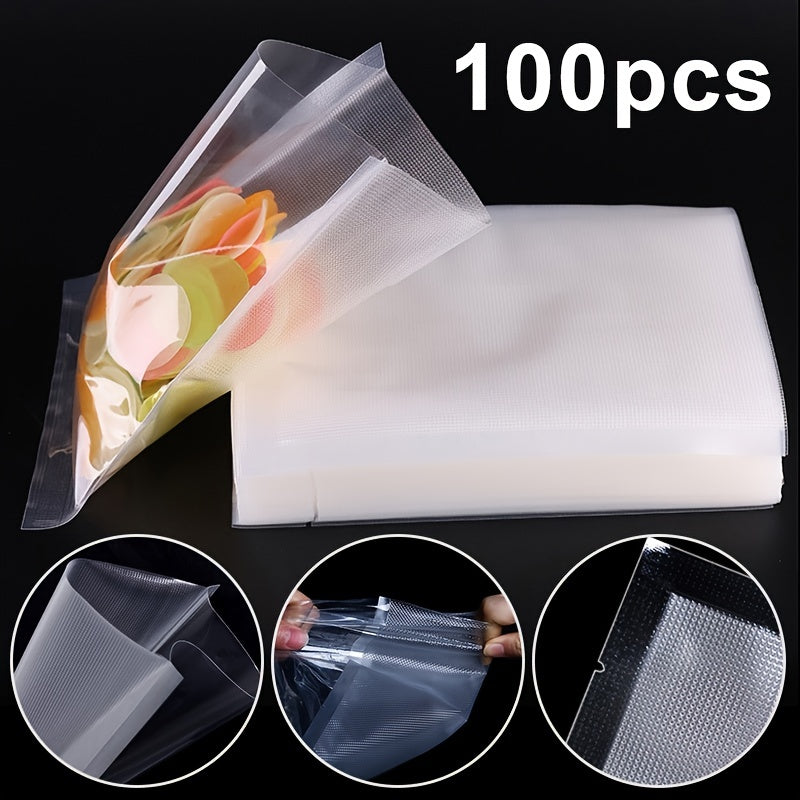 100 pieces of vacuum sealer bags, plastic storage bags for use with vacuum sealing machines to pack and seal food for storage.