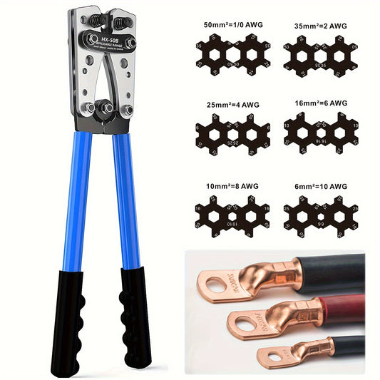 CLAMPLUS Heavy-Duty Battery Cable Crimping Tool Kit with Interchangeable Jaws, Carbon Steel, 8-1/0 Awg Range, Ideal for Secure Copper Wire Connections.