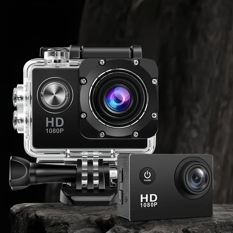 1080P HD action camera with ultra HD recording, 140° wide-angle lens, 5.08cm LCD screen, ideal for outdoor sports. Features automatic exposure, digital stabilization, fisheye lens, and can