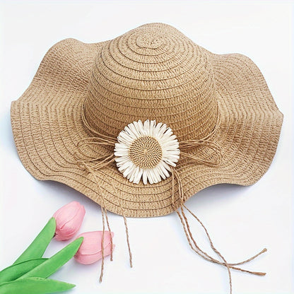 Women's 2-Piece Straw Hat and Pouch Set with Floral Accents, Adjustable Paper and PP Woven, Ideal for Outdoor and Vacation Use, Fashionable Country Style Elastic Hat with Matching Handbag -