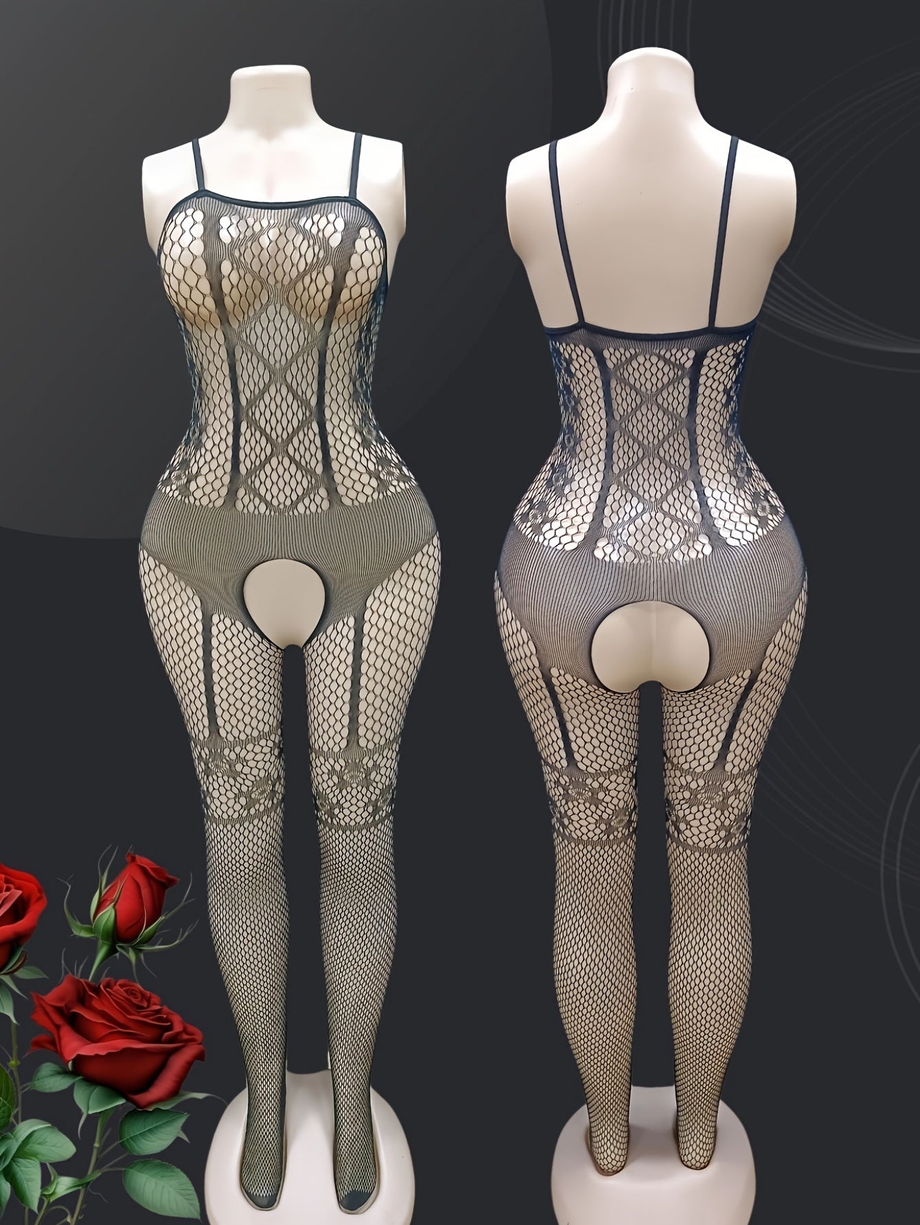 Seductively sheer mesh bodysuit with garter socks and intricate jacquard design.