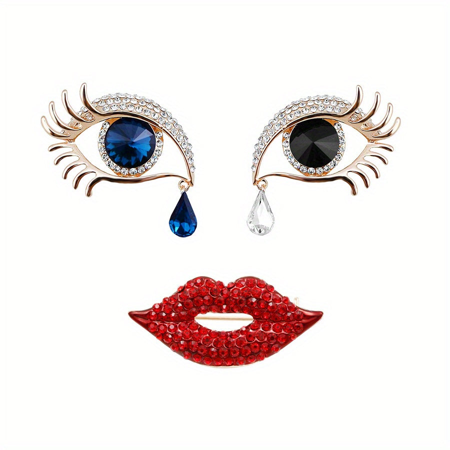 Set of 3 abstract blue tears, eyes, and red lips brooches that are a creative addition to women's clothing accessories.