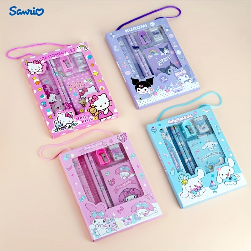 1 Set of Cartoon Stationery: Lightweight plastic ballpoint pen with round barrel, clip closure, medium point, includes ruler, pencil, and eraser. Cute school supplies.