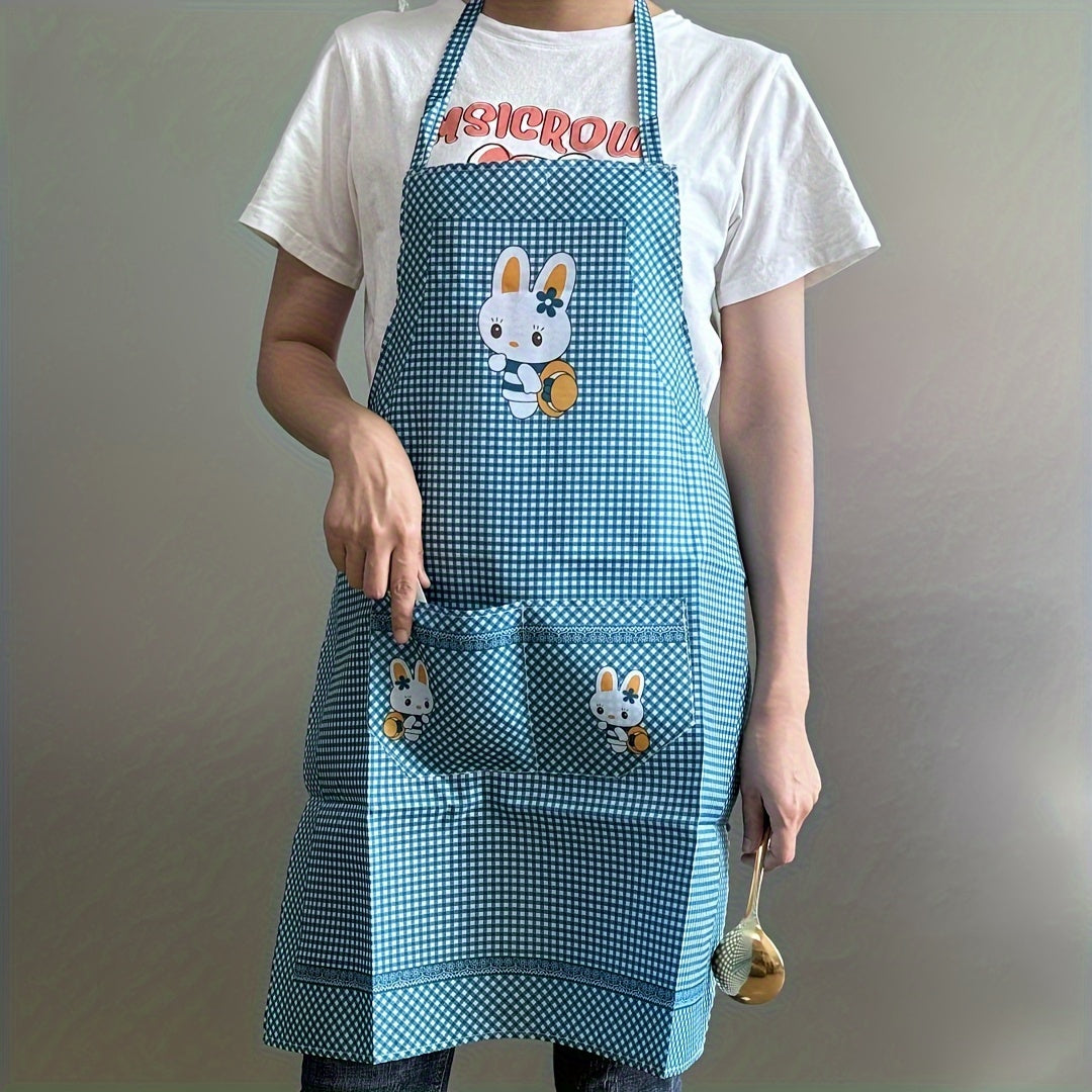 Adjustable blue & white checkered apron with cute rabbit design. Features pockets and is made of oil & dirt resistant polyester, suitable for chefs, gardening, cooking and baking. Lightweight.