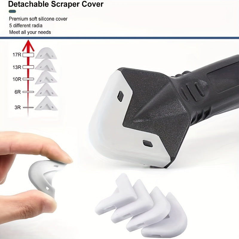 Silicone Scraper Tool Kit: A versatile 5-in-1 tool for surface cleaning, silicone removal, and scraping action. Features a stainless steel blade, exchangeable pads, and is perfect for use in the bathroom, kitchen, floors, windows, and sinks.