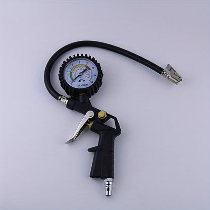 High-precision tire pressure monitor with digital gauge for vehicles, featuring ergonomic handle, metal nozzle, easy-to-read dial, and durable construction. Ideal for car maintenance and