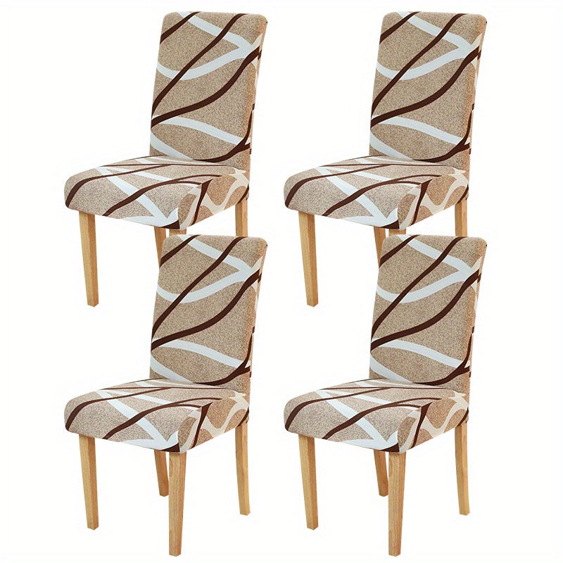 Printed stretch chair slipcovers in 4 or 6 pieces, ideal for dining chairs in various settings.