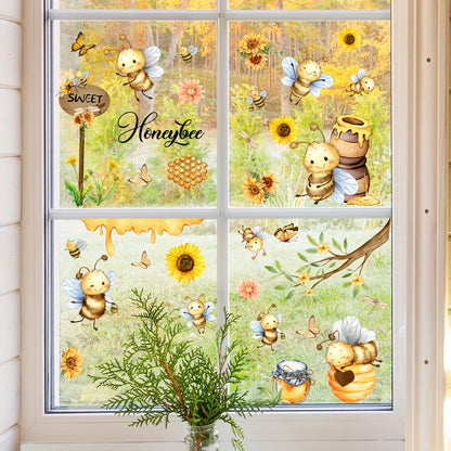 A collection of 3 pieces of 20x30cm Spring-themed decorations featuring bees, honey jars, butterflies, sunflowers, and electrostatic window stickers.