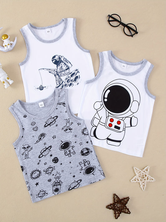 3-pack kids' cotton vests with astronaut & space themes, crew neck, moisture-wicking fabric, slight stretch, regular fit - grey & black, sweat-resistant