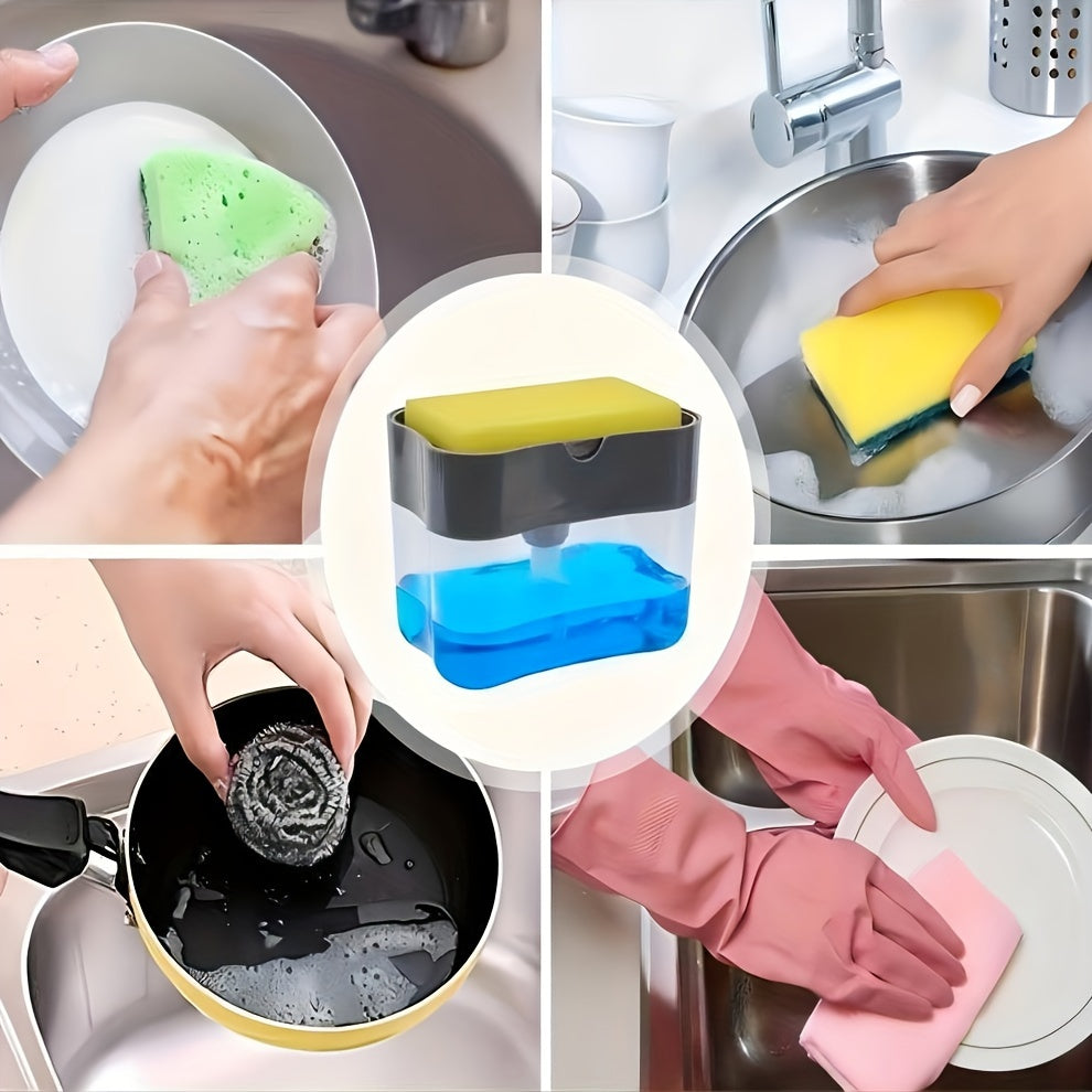 Automatic soap dispensing brush holder and sponge caddy with mercury-free material, fixed installation, and manual lotion dispenser.