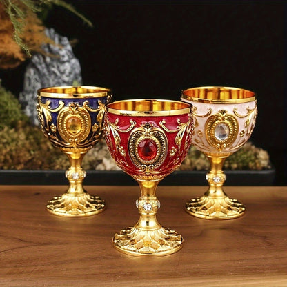 Two 30ML chalice goblets and an embossed diamond-encrusted metal shot glass for red or white wine, perfect for parties, weddings, and anniversaries.