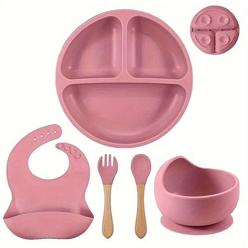 Set of 5 Baby Silicone Tableware including a fork and spoon with wooden handles, silicone bowl, divided plate, and waterproof bib. Conveniently washable and an essential addition to any household.