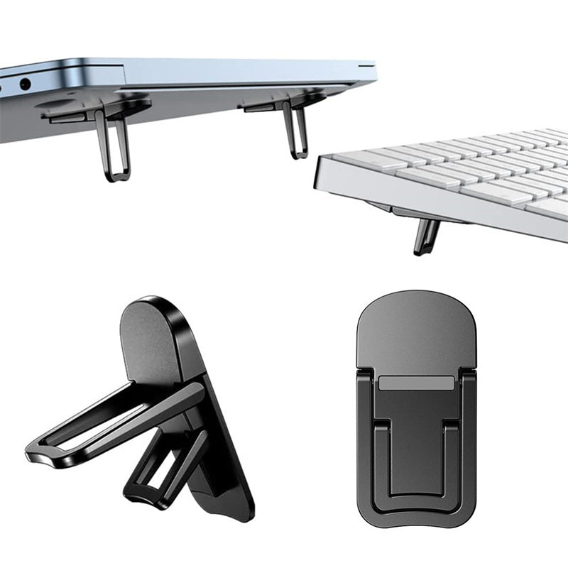 Portable laptop stand with adjustable angles and foldable design for Macbooks and notebooks.