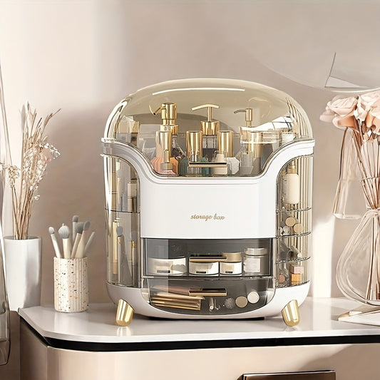 Multi-layer cosmetic organizer with transparent lid for storing jewelry, makeup, and art supplies on bedroom vanity or dresser.