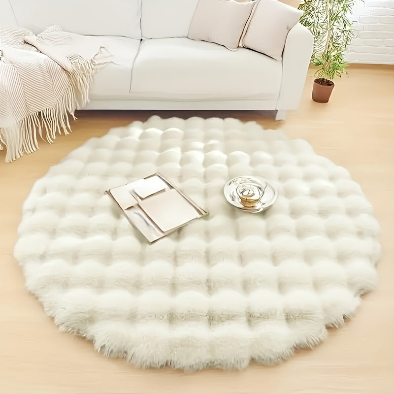 Elegant Plush Faux Rabbit Fur Circular Rug - Supremely Soft, Plush, and Warm, Easy-Care Polyester Blend, Anti-Skid Base, Ideal for Enhancing Living Room or Bedroom Décor - Contemporary Minimalist Design