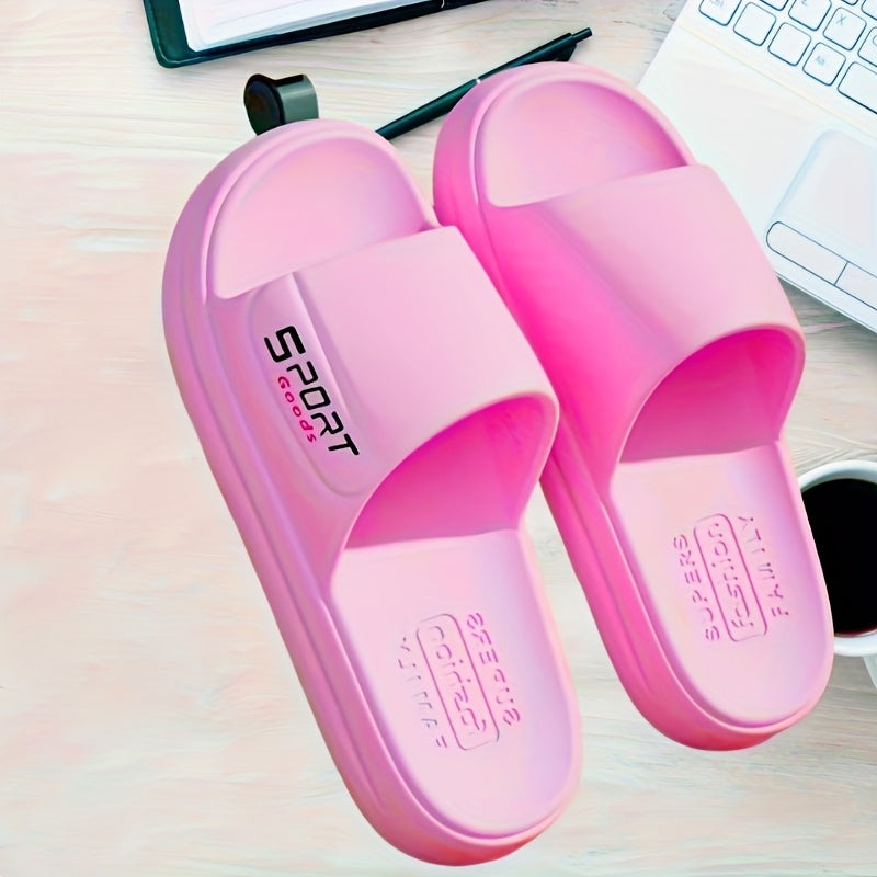 Sporty EVA slides with "SPORT" print, non-slip thick sole for men and women, perfect for home, leisure, beach, and outdoor wear.