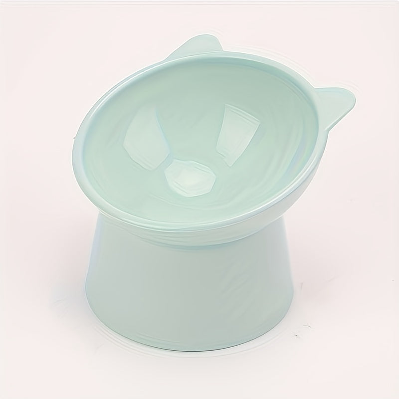 Two elevated cat bowls with tilted design made of durable plastic for easy cleaning, whisker-friendly, neck strain reducing, and digestion enhancing.