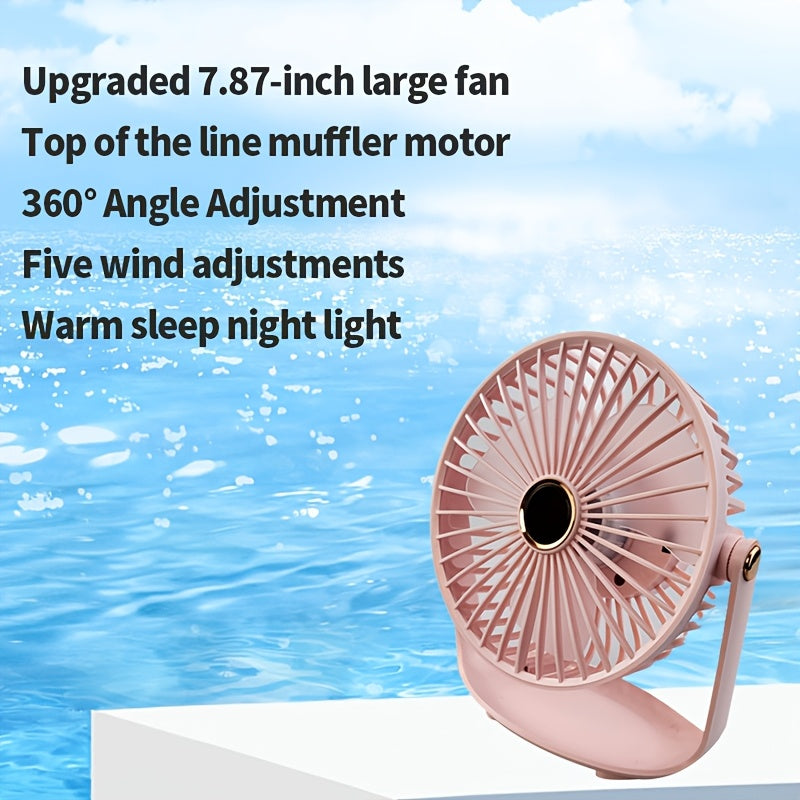 The Jkuoo Portable Desktop Fan is equipped with a 360° rotation feature for maximum coverage. Its quiet brushless motor ensures peaceful operation, while the 5-speed adjustable settings allow for personalized comfort. The fan also includes a convenient