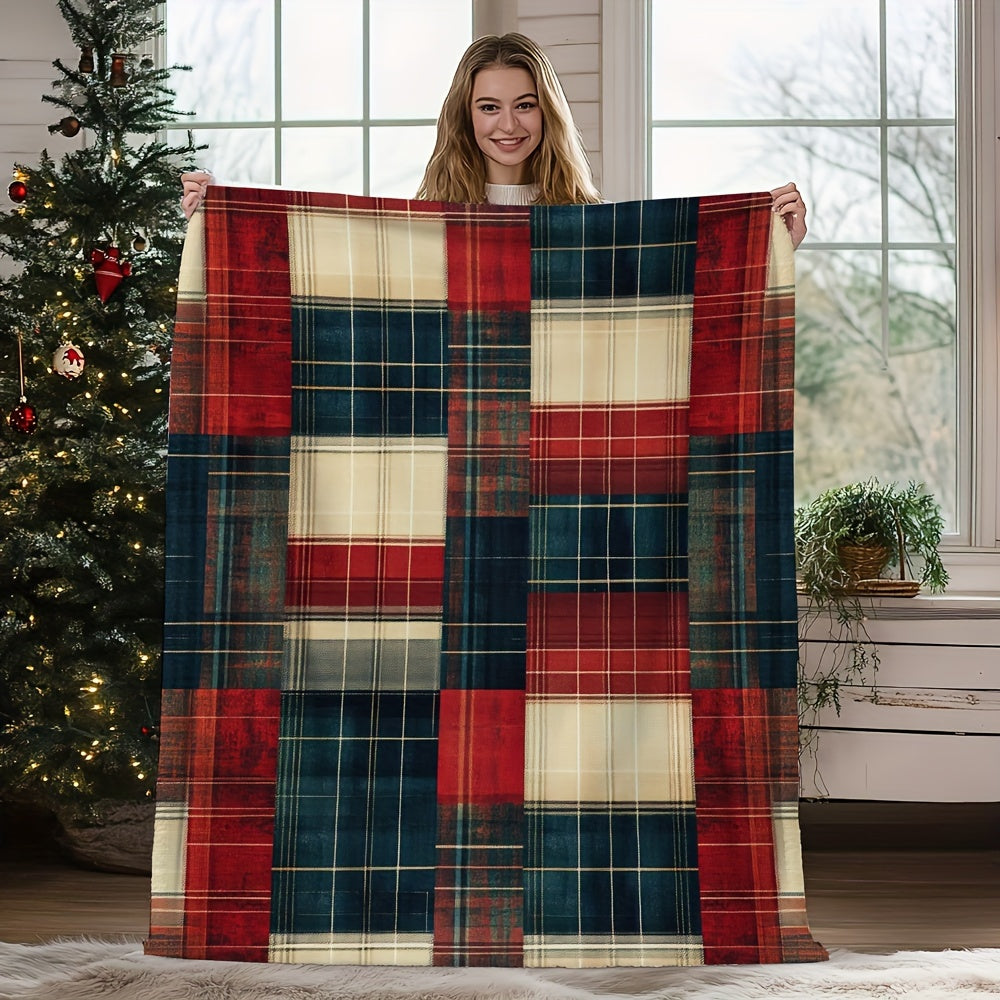 Cozy Rustic Plaid Flannel Throw Blanket with Soft Scottish Tartan Texture - Perfect for All Seasons! Easy to Clean in the Machine, No-Fuss Polyester Material. Lightweight at 250-300g, Great for Bed, Sofa, Home Office, Christmas Decor, or as a Gift for