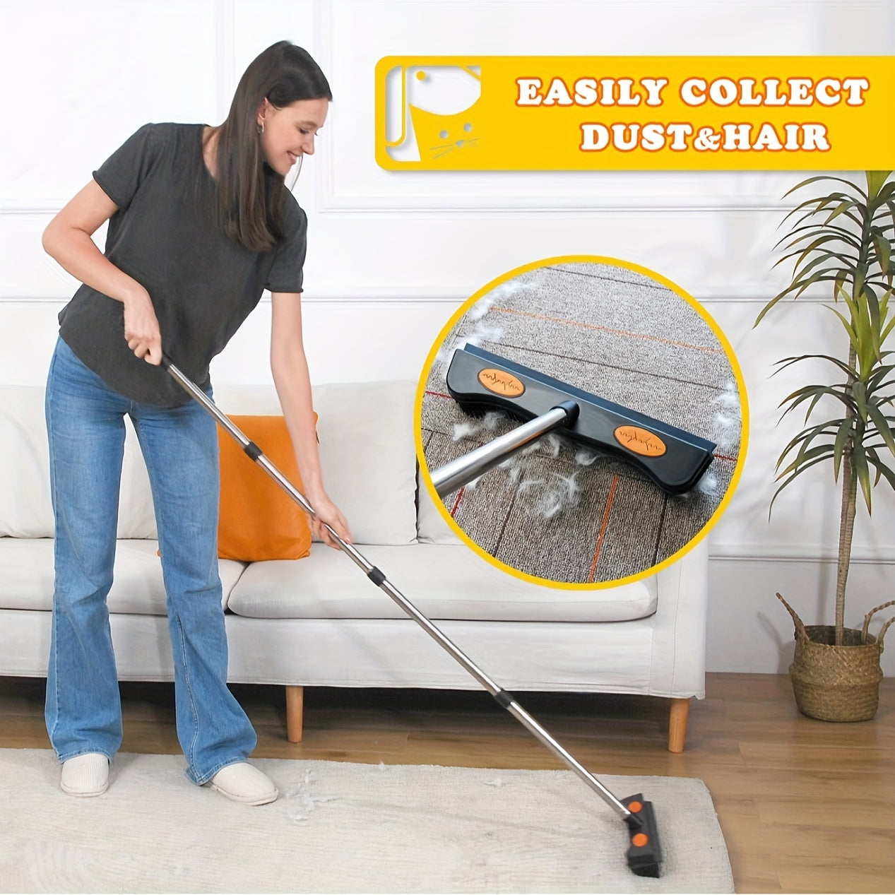 Easily remove pet hair with our 2-in-1 Broom and Carpet Rake featuring a Squeegee attachment. This ergonomic tool has rubber bristles for thorough cleaning, a stainless steel handle, and is perfect for tackling fur and dust from dogs and cats. Ideal for