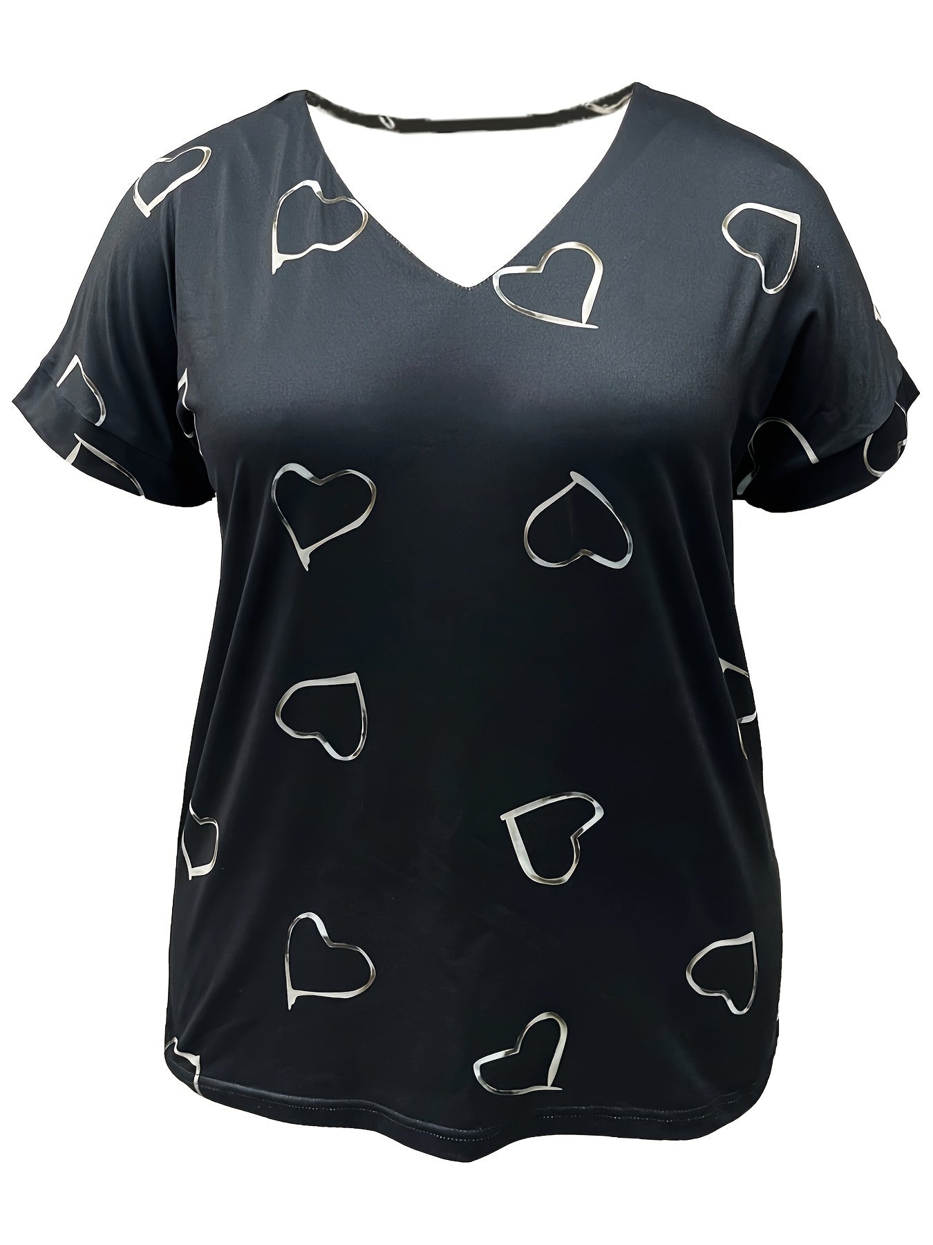 Women's Summer Casual V-Neck T-Shirt with Red Heart Print, Short Sleeve, Breathable Polyester Blend - Lightweight & Machine Washable, Playful Heart Pattern, Smooth Texture.