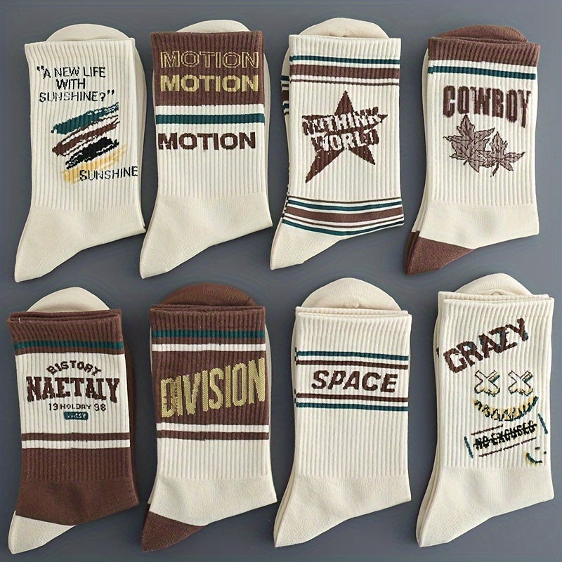 5-pack men's socks with vintage American style, comfortable and breathable. Made of a cotton blend with polyester and spandex. Hand wash only. Features a letter pattern, knit fabric, and