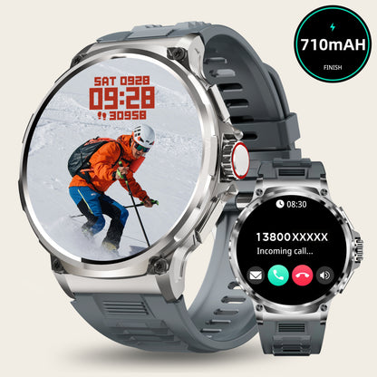 TIZOOP Outdoor Smart Watch features a 4.7cm HD display, 710mAh long-lasting battery, 100+ sports modes, step tracking, activity reports, and water resistance for both Android and iOS phones.