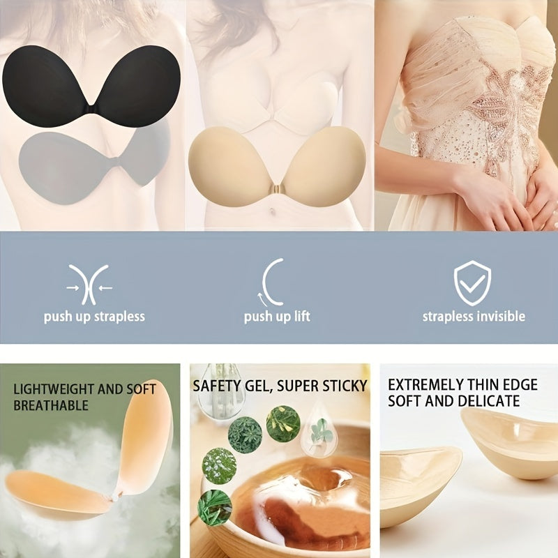 Strapless self-adhesive bras in black & skin color, backless with strong stickiness, sweat-proof, sizes A to D cup.