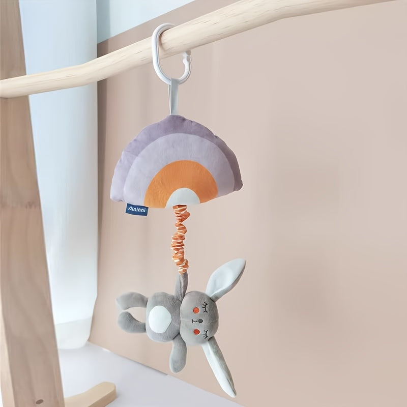 Toy car hanging bed with animal motif and pull bell, featuring a cartoon animal door handle pendant and baby music box.