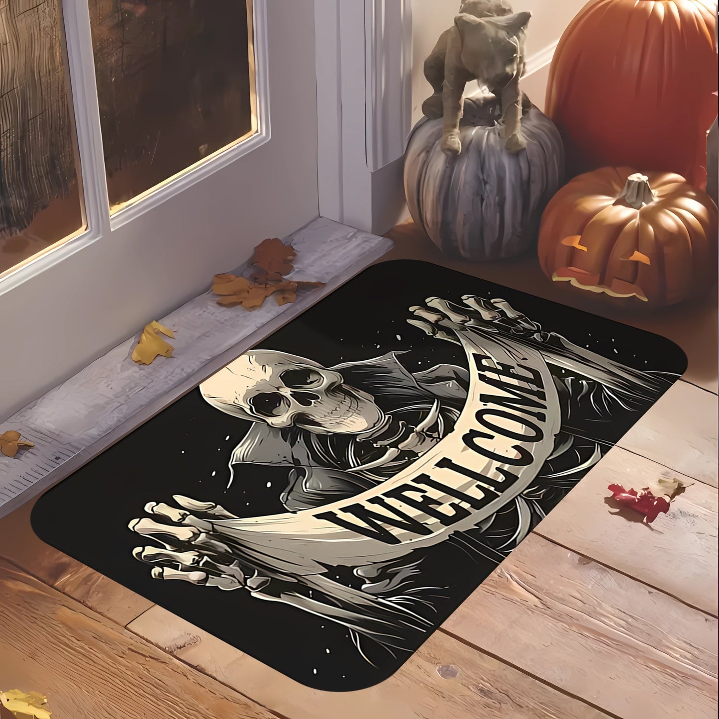 Enhance your home decor with the Halloween Skull Welcome Door Mat. This non-slip, easy-to-clean, stain-resistant rug is made of machine washable flannel memory foam and perfect for use in the bathroom, living room, bedroom, kitchen, office, or vacation