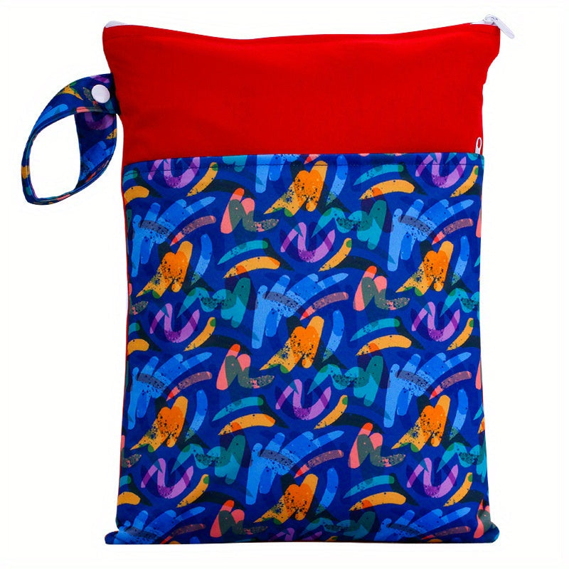 Waterproof multicolor reusable nappies bag with dimensions of 24.99*35.0cm. This wet dry mammy bag features a double pocket, cloth handle, and is a wetbag.