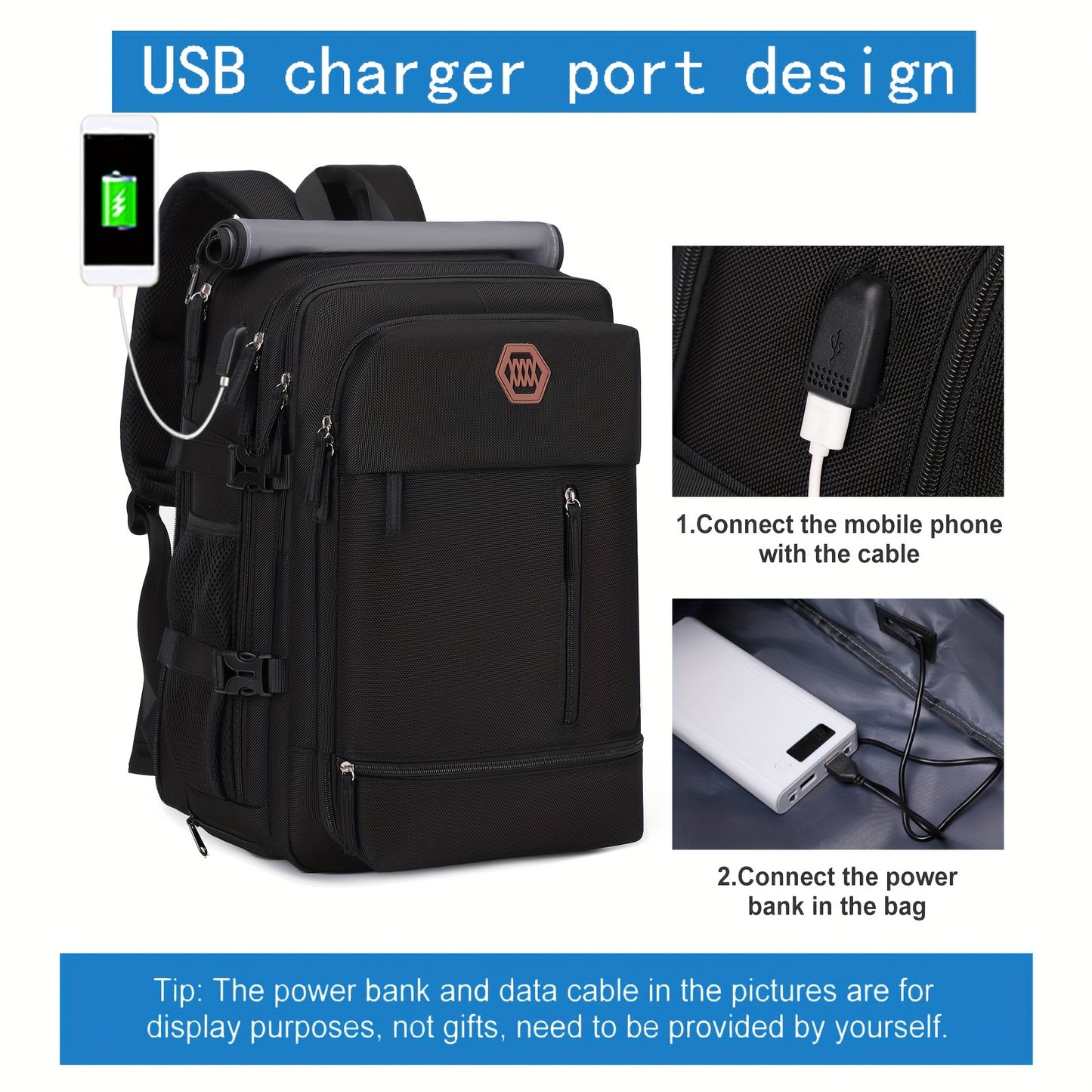 Large, durable backpack with shoe compartment, USB port, and 17-inch laptop compartment, ideal for college or business use.