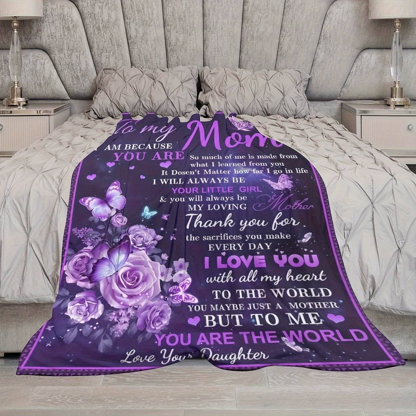 Beautiful Purple Flowers and Butterfly Print Blanket - A Special Gift for Mom from Daughter! Warm and Soft Throw Blanket to Show Your Love and Appreciation. Perfect for Mother's Day, Birthday, or Women's Day!