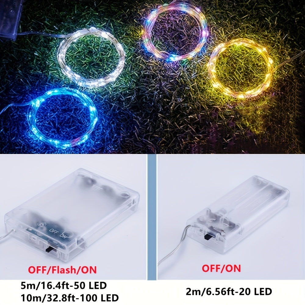 Battery-powered 20/50/100 LED warm white fairy lights on copper wire with blinking effect, ideal for home decor and special occasions like weddings, Christmas, and Valentine's Day - no plug, switch control.