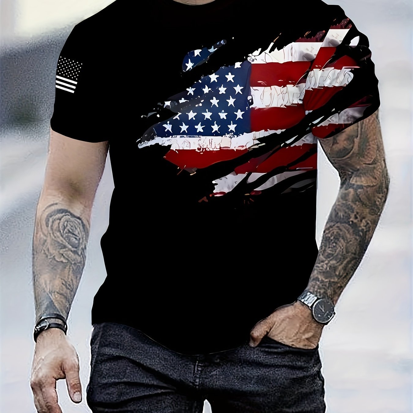 Men's Patriotic American Flag 3D Print T-Shirt - Casual Crew Neck, Short Sleeve, Lightweight Tee for Summer Activities