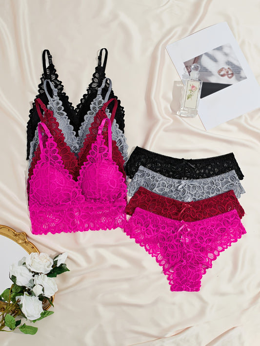 Sexy lingerie set with solid floral lace cami bra, matching panties, for women.