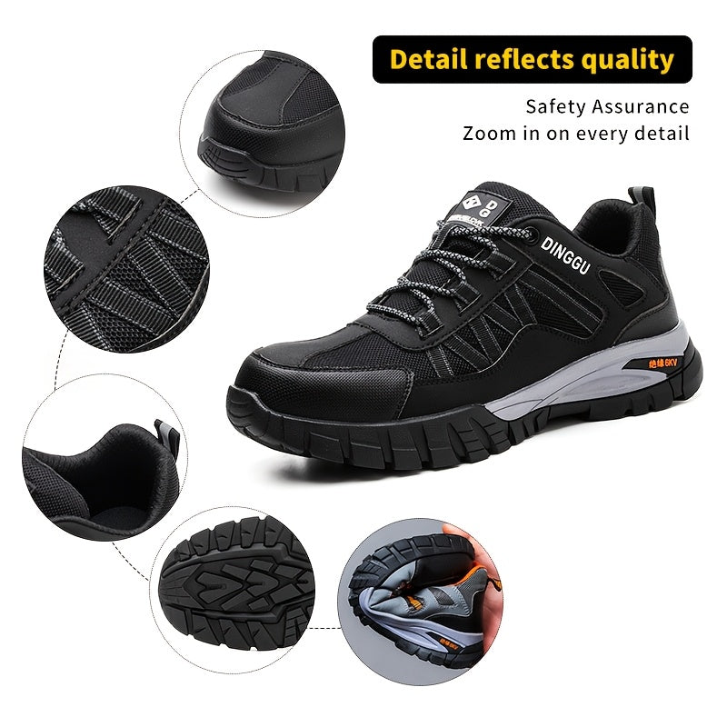 Durable men's steel toe work shoes with puncture-proof rubber sole for outdoor and industrial use, featuring anti-slip, breathable, and odor-resistant design.