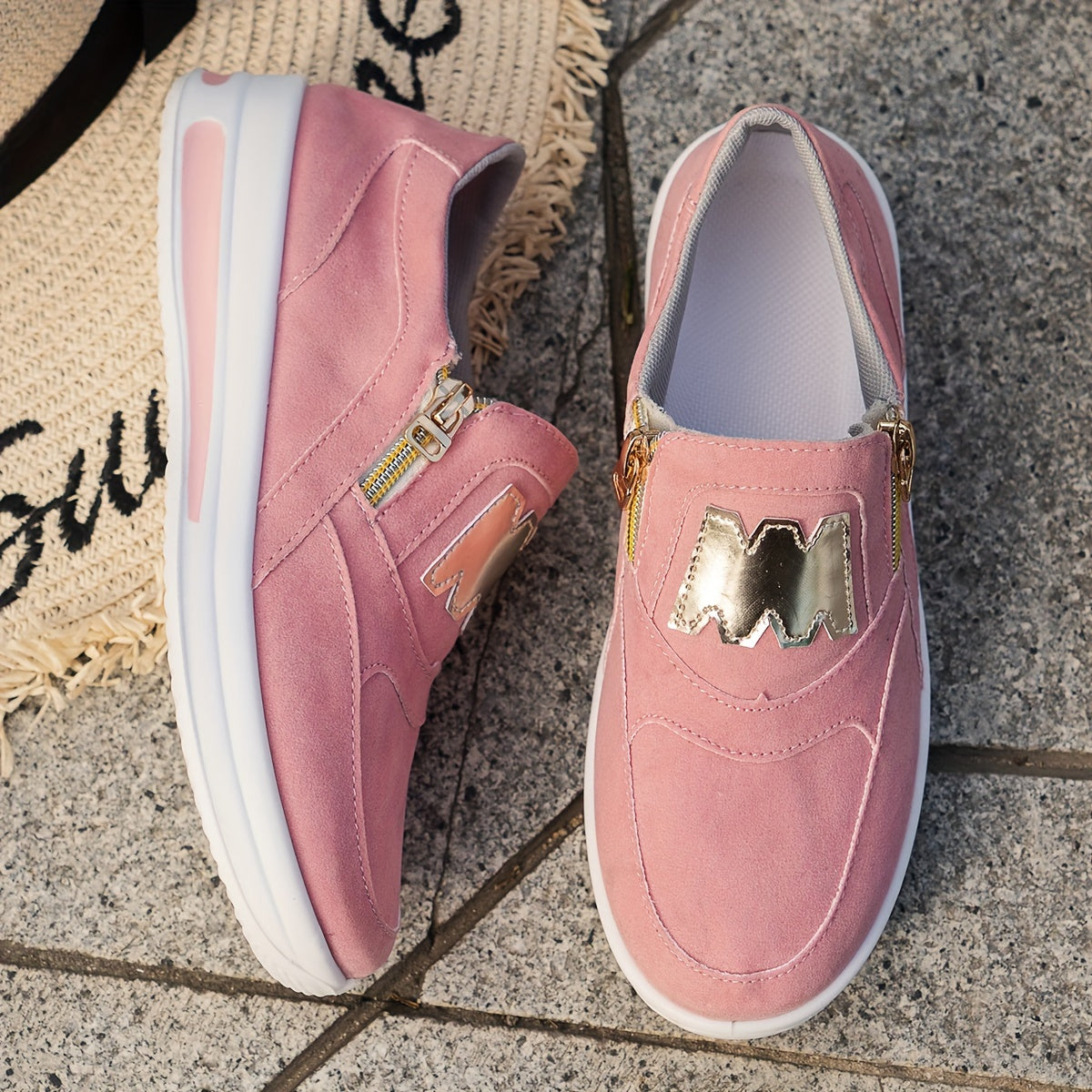 Red slip-on sneakers for women with zipper, low top style, lightweight, PU cover sole, white and golden accents.