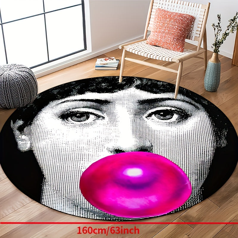 Round non-slip rug featuring a woman blowing bubbles with powder, perfect for entryways, living rooms, bedrooms, outdoor patios, gardens, and yards. Machine washable and suitable for use as a decorative accent in your home or outdoor space. Also can be