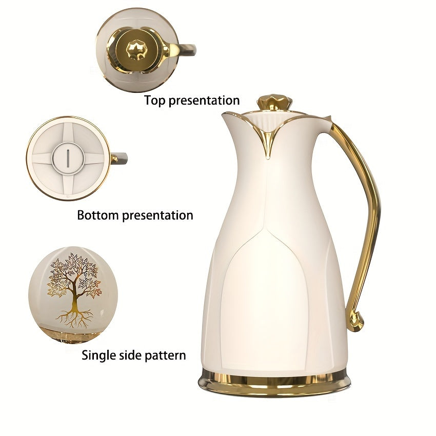 Two Vacuum Insulated Thermal Carafes for Coffee and Tea - Stainless Steel Double-Wall Flasks in 1L and 0.7L sizes, featuring an elegant Golden Tree Design. Keeps beverages hot without the need for electricity.